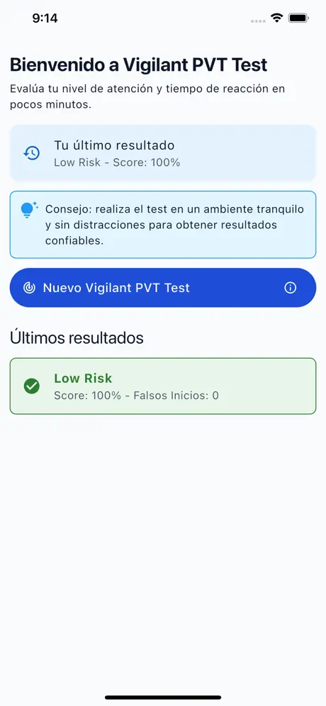 Vigilant PVT App — bienvenida con score Low Risk